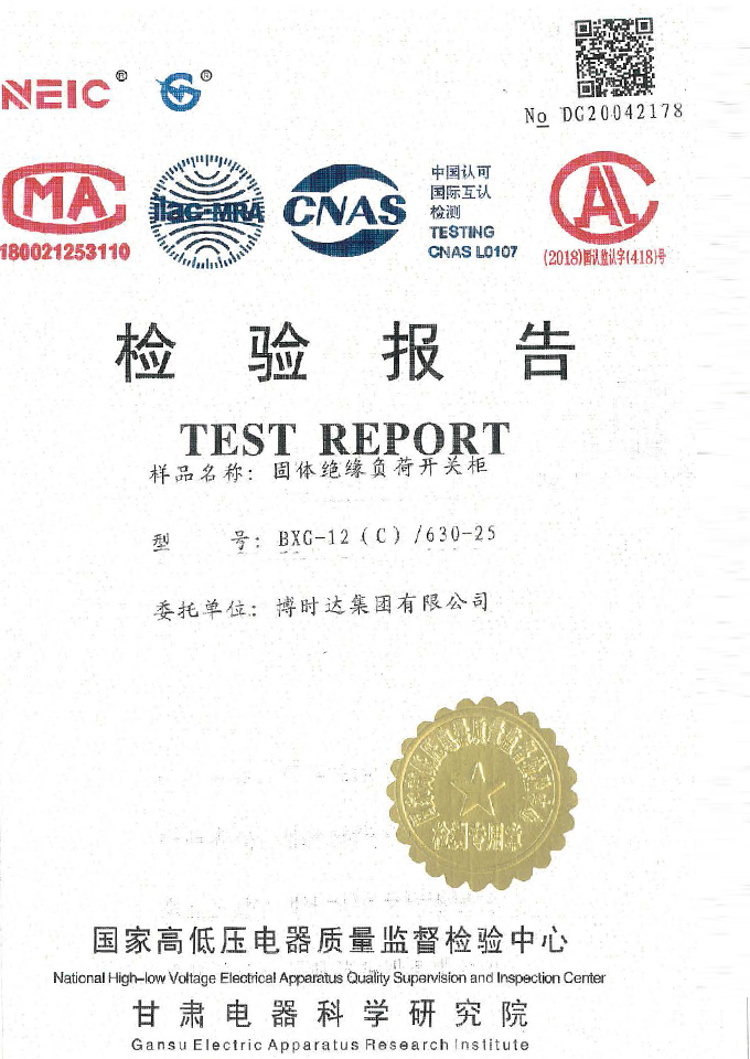 BXG-12(C)/630-25固體開(kāi)關(guān)柜(檢驗(yàn)報(bào)告)